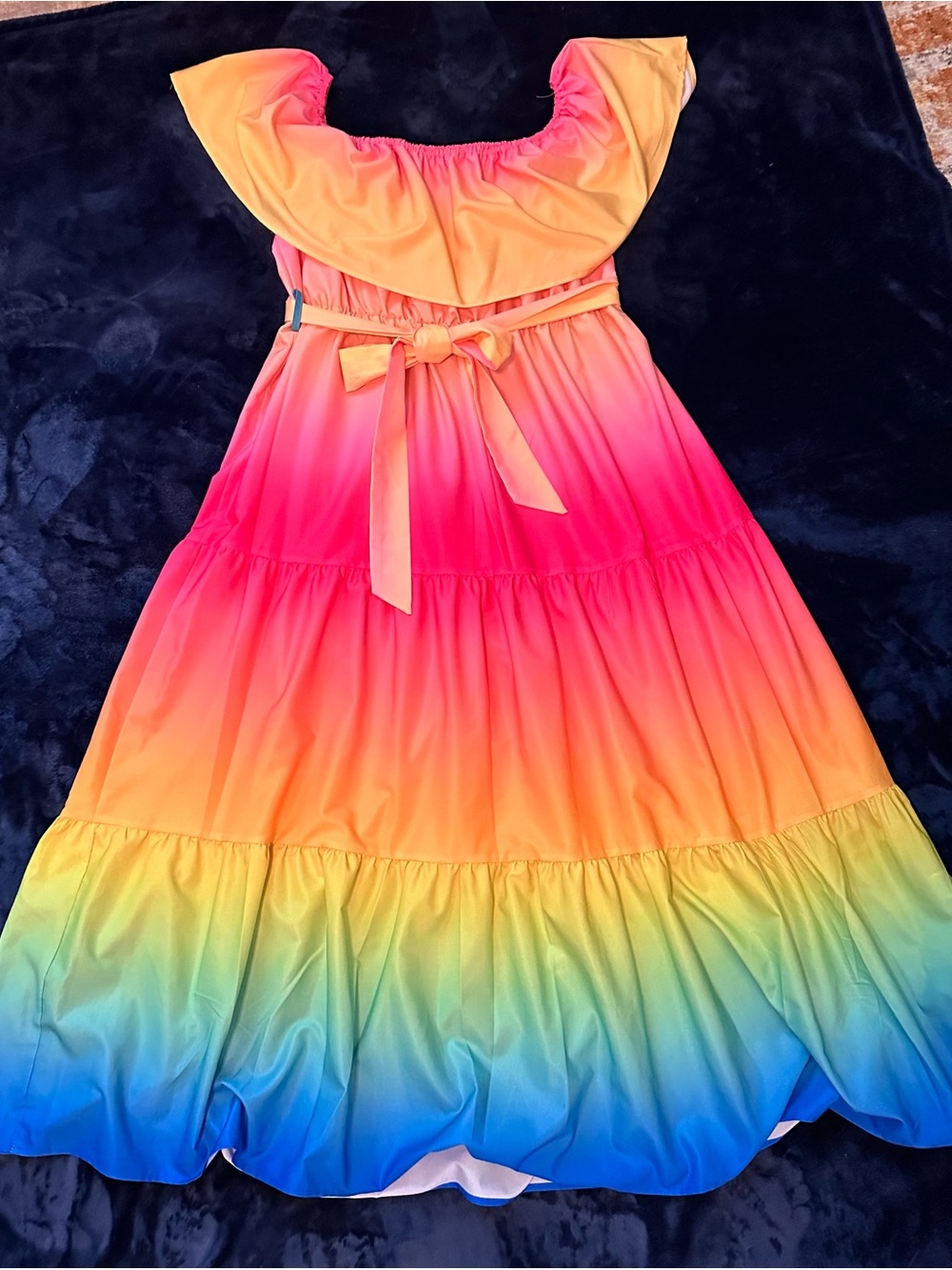 SHEIN Multicolor Ombre Tiered Off-Shoulder Maxi Dress in Pink Orange Yellow Blue